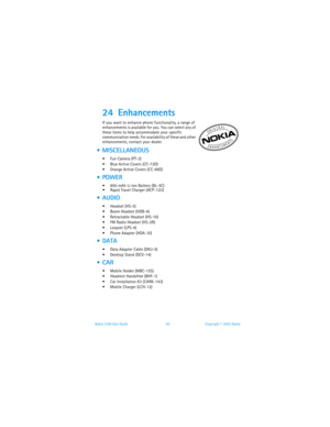 Page 100Nokia 3100 User Guide 93Copyright © 2003 Nokia
24 Enhancements
If you want to enhance phone functionality, a range of 
enhancements is available for you. You can select any of 
these items to help accommodate your specific 
communication needs. For availability of these and other 
enhancements, contact your dealer.
  MISCELLANEOUS
 Fun Camera (PT-3)
 Blue Active Covers (CC-72D)
 Orange Active Covers (CC-69D)
 POWER
 850-mAh Li-Ion Battery (BL-5C)
 Rapid Travel Charger (ACP-12U)
  AUDIO
 Headset...