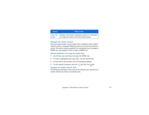 Page 186171
Copyright
 © 
2003 Nokia. All rights reserved.
Navigate the mobile internetSince your phone screen is much smaller than a computer screen, mobile 
internet content is displayed differently than you may be accustomed to 
seeing. This section contains guidelines for using phone keys to navigate a 
XHTML site and examples of how to read an XHTML site.General guidelines for using the phone keys Use the four-way scroll keys to browse the XHTML site.  To select a highlighted item, press 
, the left...