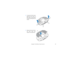 Page 5035
Copyright
 © 
2003 Nokia. All rights reserved.
2To remove the front cover, 
gently pull the cover on 
both sides (1) and
 remove 
the cover starting from the 
top (2).
 
        
3
Remove the key mat from the front cover and 
replace on the phone (3).
11
223 