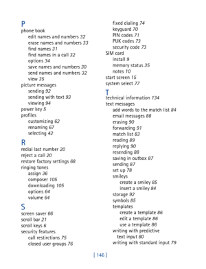 Page 159[ 146 ]
Pphone book
edit names and numbers 32
erase names and numbers 33
find names 31
find names in a call 32
options 34
save names and numbers 30
send names and numbers 32
view 35
picture messages
sending 92
sending with text 93
viewing 94
power key 5
profiles
customizing 62
renaming 67
selecting 42
Rredial last number 20
reject a call 20
restore factory settings 68
ringing tones
assign 36
composer 105
downloading 105
options 64
volume 64
Sscreen saver 66
scroll bar 21
scroll keys 6
security features...