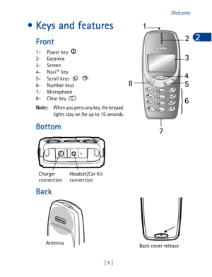 Page 18[ 5 ]Welcome
2
• Keys and features
Front
1- Power key 
2- Earpiece
3- Screen
4- Navi™ key
5- Scroll keys   
6- Number keys
7- Microphone
8- Clear key 
Note:When you press any key, the keypad 
lights stay on for up to 15 seconds.
Bottom
Back
Charger
connectionHeadset/Car Kit
connection
Antenna Back cover release  