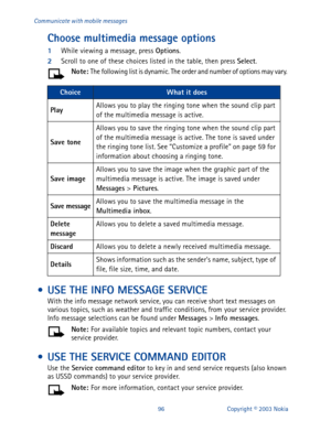 Page 10396 Copyright © 2003 Nokia Communicate with mobile messages
Choose multimedia message options
1
While viewing a message, press Options
.
2
Scroll to one of these choices listed in the table, then press Select
.
Note: 
The following list is dynamic. The order and number of options may vary. 
 • USE THE INFO MESSAGE SERVICE
With the info message network service, you can receive short text messages on 
various topics, such as weather and traffic conditions, from your service provider. 
Info message...