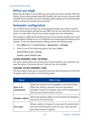 Page 121114 Copyright © 2003 Nokia Your personal digital assistant
Before you begin
Before you can begin to use SyncML, you must verify your service provider offers this 
feature. If your service provider does offer SyncML, you must set up an account with 
a SyncML service provider. For more information about signing up for synchronization 
services, contact your wireless service provider. 
Automatic configuration
Your wireless service provider can automatically configure your phone with the 
correct...