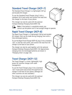 Page 138Nokia 3595 User Guide#464Copyright © 2003 Nokia
Standard Travel Charger (ACP-7)
The Standard Travel Charger is a lightweight (187 g) 
and durable AC charger. 
To use the Standard Travel Charger, plug it into a 
standard 120-V wall outlet and connect the lead from 
the charger to the base of your phone.
This charger can also be used with the optional 
Compact Desktop Charging Stand (DCV-10).
Note: 
If the battery is completely empty, you 
cannot use the phone until it has enough charge to operate.
Rapid...