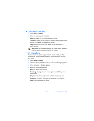 Page 6960Copyright © Nokia 2003
  CUSTOMIZE A PROFILE
1Select Menu > Profiles.
2Select the desired profile in the list:
Select—Activates the currently highlighted profile.
Customize—Enables you to customize a profile by changing the current 
settings. Press Select to view a list of options.
Timed—Allows you to set a time length for the expiration of a  
profile setting.
Note: When you change a setting in the current profile, it affects 
only that profile. Normal settings do not change.
Set ring options
You can...