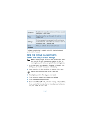 Page 119[ 110 ] *Indicates an option that is available only while viewing the body of 
a note (not the header).
  SEND AND RECEIVE CALENDAR NOTES
Send a note using IR or text message
Note: If sending using IR, ensure the other device is set to receive 
data using IR. For more information on enabling the IR of the 
receiving device, refer to the user guide for the receiving device.
1At the Start screen, press 
Menu 8-1 (
Organizer > Calendar). After a 
brief pause, the monthly view appears in the display....