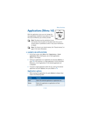 Page 124[ 115 ]Menu functions
Applications (Menu 10)
With the applications menu you can manage the 
Java applications installed on your phone, or those 
that may be offered by your wireless provider. 
Note: The phone must be switched on to use 
this function. Do not switch on the phone when the use of a 
wireless phone is prohibited or when it may cause interference 
or danger.
Note: This feature uses shared memory. See “Shared memory” on 
page 12 for more information.
  LAUNCH AN APPLICATION
1At the Start...