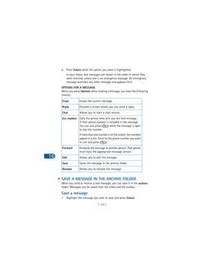 Page 11116
[ 102 ] 4Press 
Select when the option you want is highlighted.
In your inbox, text messages are shown in the order in which they 
were received, unless one is an emergency message. An emergency 
message overrides any other message and appears first.
OPTIONS FOR A MESSAGE
When you press 
Options while reading a message, you have the following 
choices.
 • SAVE A MESSAGE IN THE ARCHIVE FOLDER
When you send or receive a text message, you can save it in the 
archive 
folder. Messages can be saved from...