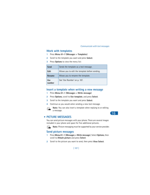 Page 116[ 107 ]Communicate with text messages
16
Work with templates
1Press 
Menu 01-7 (
Messages > Templates)
2Scroll to the template you want and press 
Select. 
3Press 
Options to view the menu list:
Insert a template when writing a new message
1Press 
Menu 
01 - 1 (
Messages > Write message)
2Press 
Options, scroll to 
Use template, and press 
Select.
3Scroll to the template you want and press 
Select. 
4Continue as you would when sending a new text message. 
Note: You can also insert a template when...