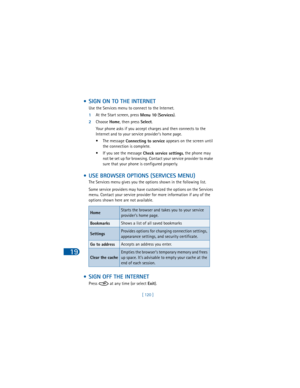 Page 12919
[ 120 ]
 • SIGN ON TO THE INTERNET
Use the Services menu to connect to the Internet.
1At the Start screen, press 
Menu 10 (
Services).
2Choose 
Home, then press 
Select. 
Your phone asks if you accept charges and then connects to the 
Internet and to your service provider’s home page.
• The message 
Connecting to service appears on the screen until 
the connection is complete.
• If you see the message 
Check service settings, the phone may 
not be set up for browsing. Contact your service provider to...