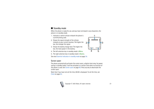 Page 23Your phone
23
Copyright

2003 Nokia. All rights reserved.
■Standby modeWhen the phone is ready for use, and you have not keyed in any characters, the 
phone is in standby mode.
1. Indicates in which cellular network the phone is 
currently being used.
2. Shows the signal strength of the cellular 
network at your current location. The higher the 
bar, the stronger the signal.
3. Shows the battery charge level. The higher the 
bar, the more power in the battery.
4. The left selection key in standby mode...