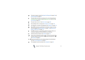 Page 25Copyright

2003 Nokia. All rights reserved.25
The phone’s keypad is locked. See Keypad lock (Keyguard) on page 36. and 
Security keyguard on page 98.
The phone does not ring for an incoming call or a text message because 
Incoming call alert is set to Off and Message alert tone is set to Off. See 
Tone settings on page 102.
The alarm clock is set to On. See Alarm clock on page 106.
The countdown timer is running. See Countdown timer on page 128.
The stopwatch is running in the background. See...