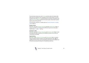Page 96Copyright

2003 Nokia. All rights reserved.96
To set the divert setting to on, select Activate and then select the timeout after 
which the call is diverted, if this is available for the call divert option. To set the 
call divert to off, select Cancel. To check whether the call divert is activated or not, 
select Check status if this is available for the divert option. Several divert options 
may be active at the same time.
To see the divert indicators in standby mode, see Essential indicators in...