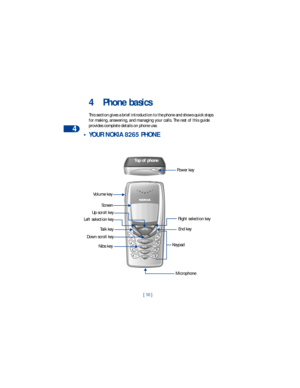 Page 174
[ 10 ]
4 Phone basics
This section gives a brief introduction to the phone and shows quick steps 
for making, answering, and managing your calls. The rest of this guide 
provides complete details on phone use.
 • YOUR NOKIA 8265 PHONE
Top of phone
 End keyRight selection key Volume key
Talk key
Microphone Screen
Up scroll key
Down scroll key
 Keypad Left selection keyPower keyNibs key 
