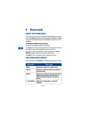 Page 338
[ 26 ]
8 Phone book
 • ABOUT THE PHONE BOOK 
The phone book can store up to 250 names, associated phone numbers 
and e-mail addresses. Stored names can be up to 22 characters, numbers 
can be up to 28 characters and e-mail addresses can each be up to 50 
characters.
PHONE BOOK ENTRIES MUST BE UNIQUE
You cannot store identical names in your phone. 
For example: You can only have one entry with the name John Jones. You 
can however have a John Jones Work and John Jones Home. 
If you enter a name that’s...