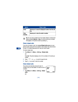 Page 4110
[ 34 ] Tip: You can save numbers from the missed, dialed or received call 
logs by pressing Options > Save. You also can dial any numbers 
that appear on the phone screen by pressing  . 
Check missed calls
If you do not answer a call, the message Missed calls appears on your 
phone’s screen, along with the number of calls missed. Your phone stores 
the last 10 numbers associated with calls you have missed. 
To check missed calls:
1Press Menu 2-1 (Menu > Call log > Missed calls).
OR
Press List. The...
