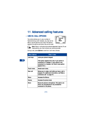 Page 4511
[ 38 ]
11 Advanced calling features
 • USE IN-CALL OPTIONS
Your phone allows you to use a number of 
features during a call; however, you may not be 
able to use all options at all times. This section 
explains the options and when they can be used.
Note: Many in-call options are network dependent features. To use 
these options, you must contact your service provider. 
During a call, press Options to see the in-call menu choices: 
Menu OptionsWhat it does
Lock keysLocks your phone’s keypad. 
(This...