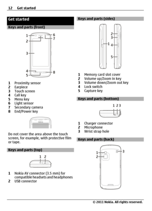 Page 12Get started
Keys and parts (front)
1Proximity sensor
2Earpiece
3Touch screen
4Call key
5Menu key
6Light sensor
7Secondary camera
8End/Power key
Do not cover the area above the touch
screen, for example, with protective film
or tape.
Keys and parts (top)
1Nokia AV connector (3.5 mm) for
compatible headsets and headphones
2USB connector
Keys and parts (sides)
1Memory card slot cover
2Volume up/Zoom in key
3Volume down/Zoom out key
4Lock switch
5Capture key
Keys and parts (bottom)
1Charger connector...