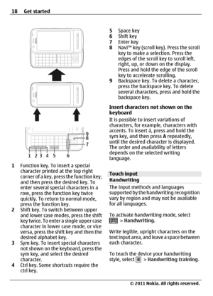 Page 181Function key. To insert a special
character printed at the top right
corner of a key, press the function key,
and then press the desired key. To
enter several special characters in a
row, press the function key twice
quickly. To return to normal mode,
press the function key.
2Shift key. To switch between upper
and lower case modes, press the shift
key twice. To enter a single upper case
character in lower case mode, or vice
versa, press the shift key and then the
desired alphabet key.
3Sym key. To...