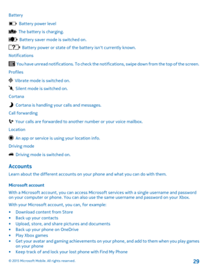 Page 29Battery
  Battery power level
  The battery is charging.
  Battery saver mode is switched on.
  Battery power or state of the battery isn't currently known.
Notifications
  You have unread notifications. To check the notifications, swipe down from the top of the screen.
Profiles
  Vibrate mode is switched on.
  Silent mode is switched on.
Cortana
  Cortana is handling your calls and messages.
Call forwarding
  Your calls are forwarded to another number or your voice mailbox.
Location
  An app or...