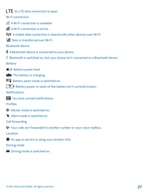 Page 27  An LTE data connection is open. 
Wi-Fi connection
  A Wi-Fi connection is available.
  A Wi-Fi connection is active.
  A mobile data connection is shared with other devices over Wi-Fi.
  Data is transferred over Wi-Fi.
Bluetooth device
  A Bluetooth device is connected to your phone.
  Bluetooth is switched on, but your ph one isnt connected to a Bluetooth device. 
Battery
  Battery power level
  The battery is charging.
  Battery saver mode is switched on.
  Battery power or state of the battery isnt...