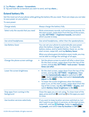 Page 382. Tap Photos > albums > Screenshots. 3.  Tap and hold the screenshot you want to send, and tap share....
Extend battery life
Get the most out of your phone while getting the battery life you need. There are steps you can take to save power on your phone. 
To save power: 
Charge wisely Always ch arge the battery fully. 
Select only the sounds that you need Mute unnecessary sounds, such as key press sounds. On the start screen, swipe down from the top of the screen,tap  ALL SETTINGS > ringtones+sounds,...