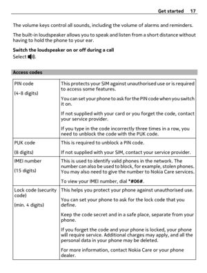 Page 17The volume keys control all sounds, including the volume of alarms and reminders.
The built-in loudspeaker allows you to speak and listen from a short distance without
having to hold the phone to your ear.
Switch the loudspeaker on or off during a call
Select 
.
Access codes
PIN code
(4-8 digits)This protects your SIM against unauthorised use or is required
to access some features.
You can set your phone to ask for the PIN code when you switch
it on.
If not supplied with your card or you forget the code,...