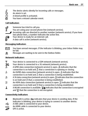 Page 27The device alerts silently for incoming calls or messages.An alarm is set.A timed profile is activated.You have a missed calendar event.
Call indicators
Someone has tried to call you.You are using your second phone line (network service).Incoming calls are diverted to another number (network service). If you have
two phone lines, a number indicates the active line.
Your device is ready for an internet call.A data call is active (network service).
Messaging indicators
You have unread messages. If the...