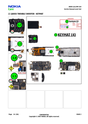 Page 34
34CONFIDENTIAL
Copyright © 2007 NOKIA. All rights reserved.8600 Luna RM-64
Page(36)ISSUE 2
Service Manual Level &2
QUICK TROUBLE SHOOTER - KEYMAT 22. 