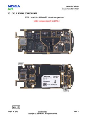 Page 9
9CONFIDENTIAL
Copyright © 2007 NOKIA. All rights reserved.8600 Luna RM-64
Page(36)ISSUE 2
Service Manual Level &2
LEVEL 2 SOLDER COMPONENTS10. 