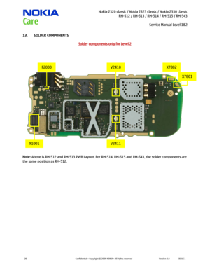 Page 20 Nokia 2320 classic / Nokia 2323 classic / Nokia 2330 classic
RM-512 / RM-513 / RM-514 / RM-515 / RM-543
Service Manual Level 1&2
 
20 
Confidential  Copyright © 2009 NOKIA  All rights reserved Version 2.0 ISSUE 1  
13. SOLDER COMPONENTS 
Solder components only for Level 2 
 
 
 
 
 
 
 
 
Note: Above is RM-512 and RM-513 PWB Layout. For RM-514, RM-515 and RM-543, the solder components are 
the same position as RM-512. 
F2000 
X1001 V2411 
V2410 X7802 
X7801  