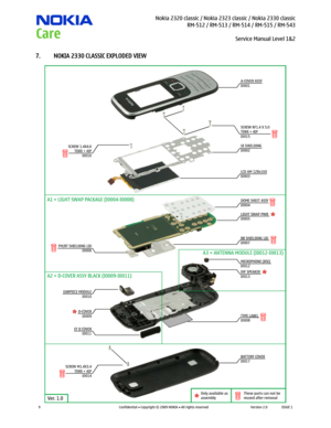 Page 9 Nokia 2320 classic / Nokia 2323 classic / Nokia 2330 classic
RM-512 / RM-513 / RM-514 / RM-515 / RM-543
Service Manual Level 1&2
 
9 
Confidential  Copyright © 2009 NOKIA  All rights reserved Version 2.0 ISSUE 1  
7. NOKIA 2330 CLASSIC EXPLODED VIEW 
Only available as
assembly
Ver. 1.0
These parts can not be
reused after removal EF II COVER
I0011 D-COVER
I0009 EARPIECE MODULE
I0010
SCREW M1.4X3.4
TORX + 4 IP
I0014 SCREW 1.4X4.6
TORX + 4 IP
I0016SCREW RF1.4 X 5.0
TORX + 4IP
I0015
LCD AM 128x160
I0003...