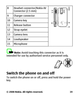 Page 208Headset connector/Nokia AV
Connector (2.5 mm)
9Charger connector
10Camera key
11Release button
12Strap eyelet
13Camera lens
14Loudspeaker
15Microphone
Note: Avoid touching this connector as it is
intended for use by authorised service personnel only.
Switch the phone on and off
To switch the phone on or off, press and hold the power
key.
© 2008 Nokia. All rights reserved. 19 