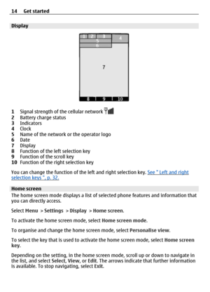 Page 14Display
1Signal strength of  the cellular network 2Battery charge status
3 Indicators
4 Clock
5 Name of the network or the operator logo
6 Date
7 Display
8 Function of the left selection key
9 Function of the scroll key
10 Function of the right selection key
You can change the function of th e left and right selection key. 
See  Left and rightselection keys , p. 32.
Home screen
The home screen mode displays a list of  selected phone features and information that
you can directly access.
Select  Menu >...