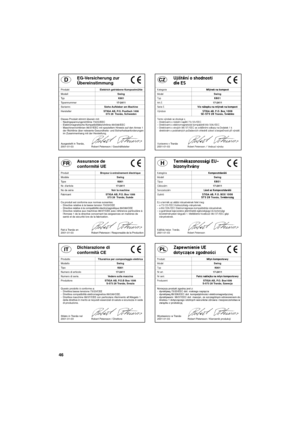 Page 4646
SVENSKA SEG-Versicherung zur
Übereinstimmung
ProduktElektrich getriebene Kompostmühle
ModellSwing
Ty pK801
Typennummer17-2411
Seriennr.Siehe Aufkleber am Machine
HerstellerSTIGA AB, P.O. Postfach 1006
573 28  Tranås, Schweden
Dieses Produkt stimmt überein mit:
- Niedrigspannungsrichtlinie 73/23/EEC
- Elektromagnetische Kompatibilitätsrichtlinie 89/336/EEC
- Maschinenrichtlinien 98/37/EEC mit speziellem Hinweis auf den Annex 1 
der Richtlinie über relevante Gesundheits- und Sicherheitsanforderungen 
im...