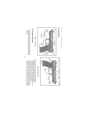 Page 66 SECTION II - PISTOL DESCRIPTION
1.2  Nomenclature
Figure 1  Left View
1.3  Principle of Operation
A. The Mark 23 uses a modified linkless Browning-
style short recoil system to lock and unlock the
breech.
Figure 2  Right View
B. Upon firing, the pressure developed by the
propellent gas forces the slide and barrel
assembly to the rear. After approximately 3 mm,
the locking block will stop the rearward
movement of the barrel as the barrel is pivoted
downward due to the engagement of the angled
surfaces...