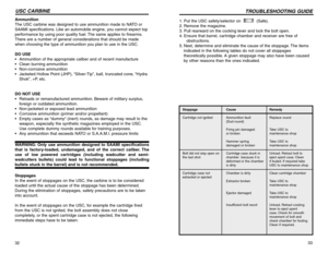 Page 1733
TROUBLESHOOTING GUIDE
32USC CARBINE
1. Put the USC safety/selector on   (Safe).
2. Remove the magazine.
3. Pull rearward on the cocking lever and lock the bolt open.
4. Ensure that barrel, cartridge chamber and receiver are free of 
obstructions.
5. Next, determine and eliminate the cause of the stoppage. The items
indicated in the following tables do not cover all stoppages
theoretically possible. A given stoppage may also have been caused
by other reasons than the ones indicated.Stoppage Cause...