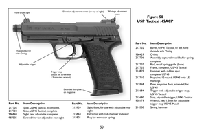 Page 50217705 Slide, USP45 Tactical, incomplete.
217704 Slide, USP45 Tactical, complete
986844 Sight, rear adjustable, complete.
987505 Screwdriver for adjustable rear sight
50
Extended foorplate
on magazine Trigger stop
(adjust set screw with 
1.5 mm allen wrench) Front target sight
Threaded barrel
with O-ring
Windage adjustment
screw Elevation adjustment screw (on top of sight)
Adjustable trigger
215939 Sight, front, for use with adjustable rear
sight
215864 Extractor with red chamber indicator
215801 Plug...