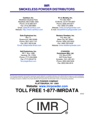 Page 6060
Camfour, Inc.
W estfield Industrial Park
Westfield, MA 01085-1693
Phone: (413) 568-3371Fax: (413) 568-9663
Email:  sales@camfour.com
W ebsite:  http://www.camfour.com
Dole Explosives Inc. Box 71
Rosemount, MN 55068
Phone: (651) 423-1141 Fax: (651) 322-6168
Email: dolepowder@aol.com
Hall Explosives, Inc.RR 1, Box 148B
Hershey, PA 17033
Phone: (717) 533-6565
Fax: (717) 533-6716
Terr yreigle@aol.com W. A . 
Murphy, Inc.
P. O.  Box 4607
El Monte, CA 91734-0607
Phone: (626) 444-9271Fax: (626) 575-2848
W...