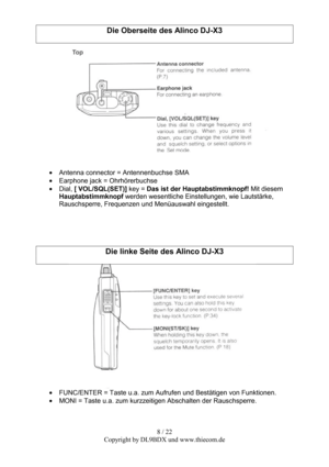 Page 88 / 22  
Copyright by DL9BDX und www.thiecom.de 
Die Oberseite des Alinco DJ-X3 
 
 
• Antenna connector = Antennenbuchse SMA 
• Earphone jack = Ohrhörerbuchse 
• Dial, [ VOL/SQL(SET)] key = Das ist der Hauptabstimmknopf! Mit diesem 
Hauptabstimmknopf werden wesentliche Einstellungen, wie Lautstärke, 
Rauschsperre, Frequenzen und Menüauswahl eingestellt. 
 
 
 
 
 
Die linke Seite des Alinco DJ-X3 
 
 
• FUNC/ENTER = Taste u.a. zum Aufrufen und Bestätigen von Funktionen. 
• MONI = Taste u.a. zum...