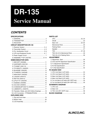 Page 1DR-135
Service Manual
CONTENTS
SPECIFICATIONS
1) GENERAL ................................................................ 2
2) TRANSMITTER ........................................................ 2
3) RECEIVER ............................................................... 2
CIRCUIT DESCRIPTION DR-135
1) Receiver System .................................................. 3, 4
2) Transmitter System ............................................... 4, 5
3) PLL Synthesizer Circuit...