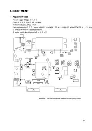 Page 2929
ADJUSTMENT
1) Adjustment Spot
Power S upply Voltage   1 3 .8  V
Output of S S G  is all E MF indication
If without instruction,WIDE  mode
If without instruction,S S G  output is MOD 1 KHz WIDE  DE V 3 .5 KHz/DE V NARROW DE V 1 .7 5 KHz/DE V
S tandard Modulation is also based above.
S peaker load is 8Ω and Output is 5 0 ~100 mV.
Attention: Don’t set the variable resistor into its open position. 