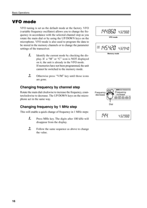 Page 1916
Basic Operations
VFO mode
VFO tuning is set as the default mode at the factory. VFO
(variable frequency oscillator) allows you to change the fre-
quency in accordance with the selected channel step as you
rotate the main dial or by using the UP/DOWN keys on the
microphone. VFO mode is also used to program the data to
be stored in the memory channels or to change the parameter
settings of the transceiver.
1.Identify the current mode by checking the dis-
play. If  a “M” or “C” icon is NOT displayed
on...