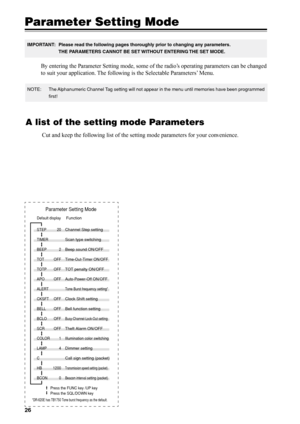 Page 2926
Parameter Setting Mode
Press the FUNC key /UP key
Press the SQL/DOWN key Default display
 Function
STEP 20Channel Step setting
TIMERScan type switching
BEEP 2Beep sound ON/OFF
TOT OFFTime-Out-Timer ON/OFF 
TOTP OFF
TOT penalty ON/OFF
APO OFFAuto-Power-Off ON/OFF 
ALERT
Tone Burst frequency setting*
CKSFT OFFClock Shift setting     
BELL OFF
Bell function setting
BCLO OFFBusy-Channel-Lock-Out setting
SCR OFFTheft Alarm ON/OFF
COLOR 1 Illumination color switching
LAMP 4
Dimmer setting
CCall sign setting...