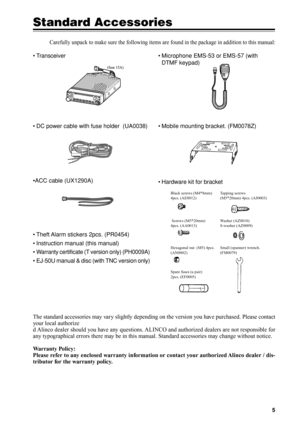 Page 85
Standard Accessories
Carefully unpack to make sure the following items are found in the package in addition to this manual:
• Transceiver
• Mobile mounting bracket. (FM0078Z) • DC power cable with fuse holder  (UA0038)
•ACC cable (UX1290A)
• Theft Alarm stickers 2pcs. (PR0454)
• Instruction manual (this manual)
•
Warranty certificate (T version only) (PH0009A)
• EJ-50U manual & disc (with TNC version only)• Hardware kit for bracket • Microphone EMS-53 or EMS-57 (with
DTMF keypad)
Tapping screws...