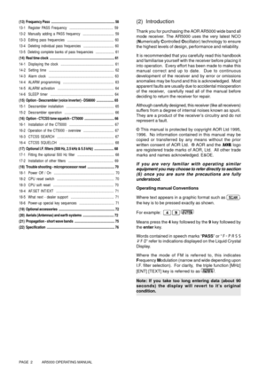 Page 2PAGE  2          AR5000 OPERATING MANUAL
(13)  Frequency Pass  .......................................................................... 58
13-1  Register PASS Frequency  ................................................ 59
13-2  Manually adding a PASS frequency  ................................... 59
13-3  Editing pass frequencies  ................................................... 60
13-4  Deleting individual pass frequencies  .................................. 60
13-5  Deleting complete banks of pass...