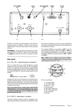 Page 15AR5000 OPERATING MANUAL          PAGE 15
If held for more than one second while in VFO mode, a
frequency search is initiated.  If held for more than one
second while in memory recall mode, the scan process
will start.
INCREMENT - the key will often increment menu options
such as DTMF to T.ELMT etc.  While in TEXT write mode,
the 
 key will move the cursor one space to the left.
Rear panel
5-14  DC 12V - external power connection
This is a special three pin socket designed to accept
external d.c. input of...