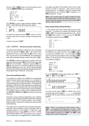 Page 30PAGE  30          AR5000 OPERATING MANUAL
Use the   keys to scroll through the menu
until the 
REMOTE BPS menu is displayed.
LAMP ON
BEEP 4
EXT-IF OFF
BPS  9600  