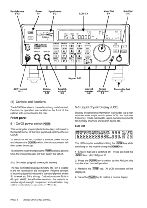 Page 6PAGE  6          AR5000 OPERATING MANUAL
(5) Controls and functions
The AR5000 receiver is housed in a strong metal cabinet.
Controls for operation are located on the front of the
cabinet with connections to the rear.
Front panel
5-1 On/Off power switch 
This rectangular shaped plastic button (key) is located in
the top left corner of the front panel and switches the set
On/Off.
To switch the set on, connect a suitable power source
and depress the 
 switch, the microprocessor will
then power the set up....