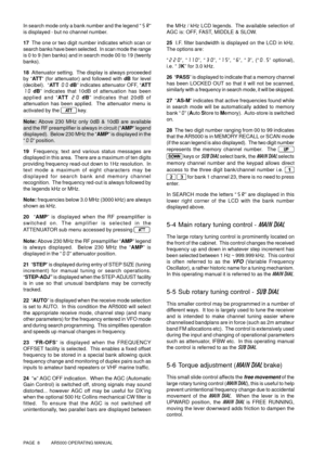 Page 8PAGE  8          AR5000 OPERATING MANUAL
In search mode only a bank number and the legend “SR”
is displayed - but no channel number.
17  The one or two digit number indicates which scan or
search banks have been selected.  In scan mode the range
is 0 to 9 (ten banks) and in search mode 00 to 19 (twenty
banks).
18  Attenuator setting.  The display is always proceeded
by “AT T” (for attenuator) and followed with dB for level
(decibel).  “ATT 00 dB” indicates attenuator OFF, “AT T
10 dB” indicates that 10dB...